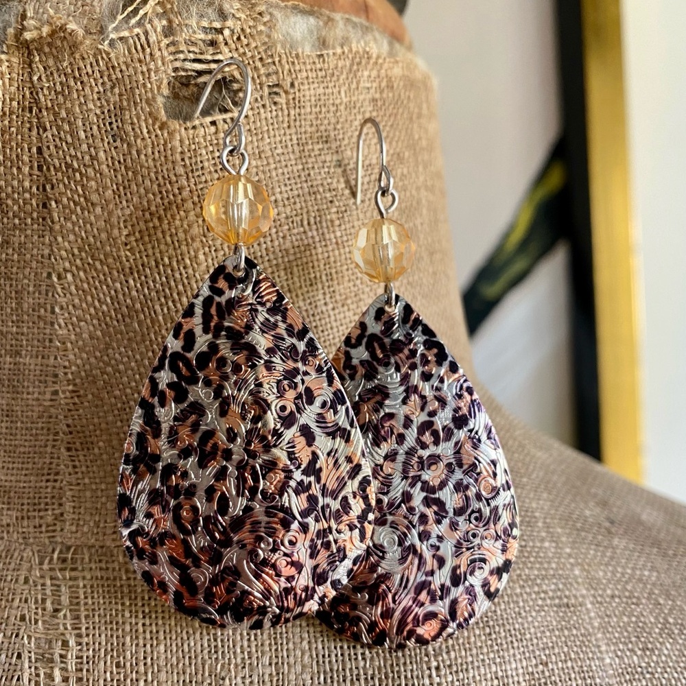 Etched Floral Leopard Print Earrings